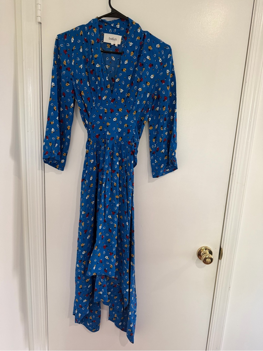 ba&sh Blue Floral Midi Dress M Long Sleeve Prairie Cottagecore Parisian